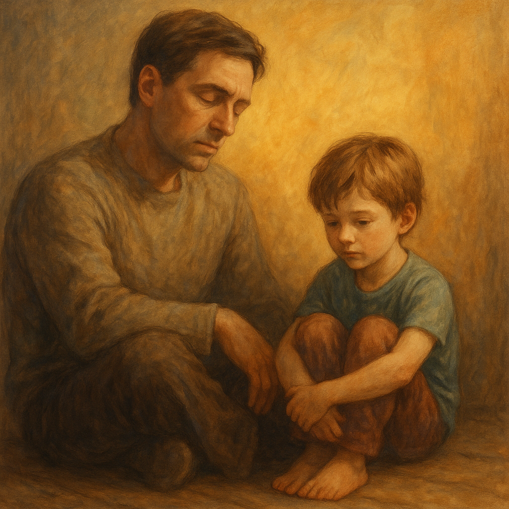Un homme en face de son reflet, petit enfant intérieur